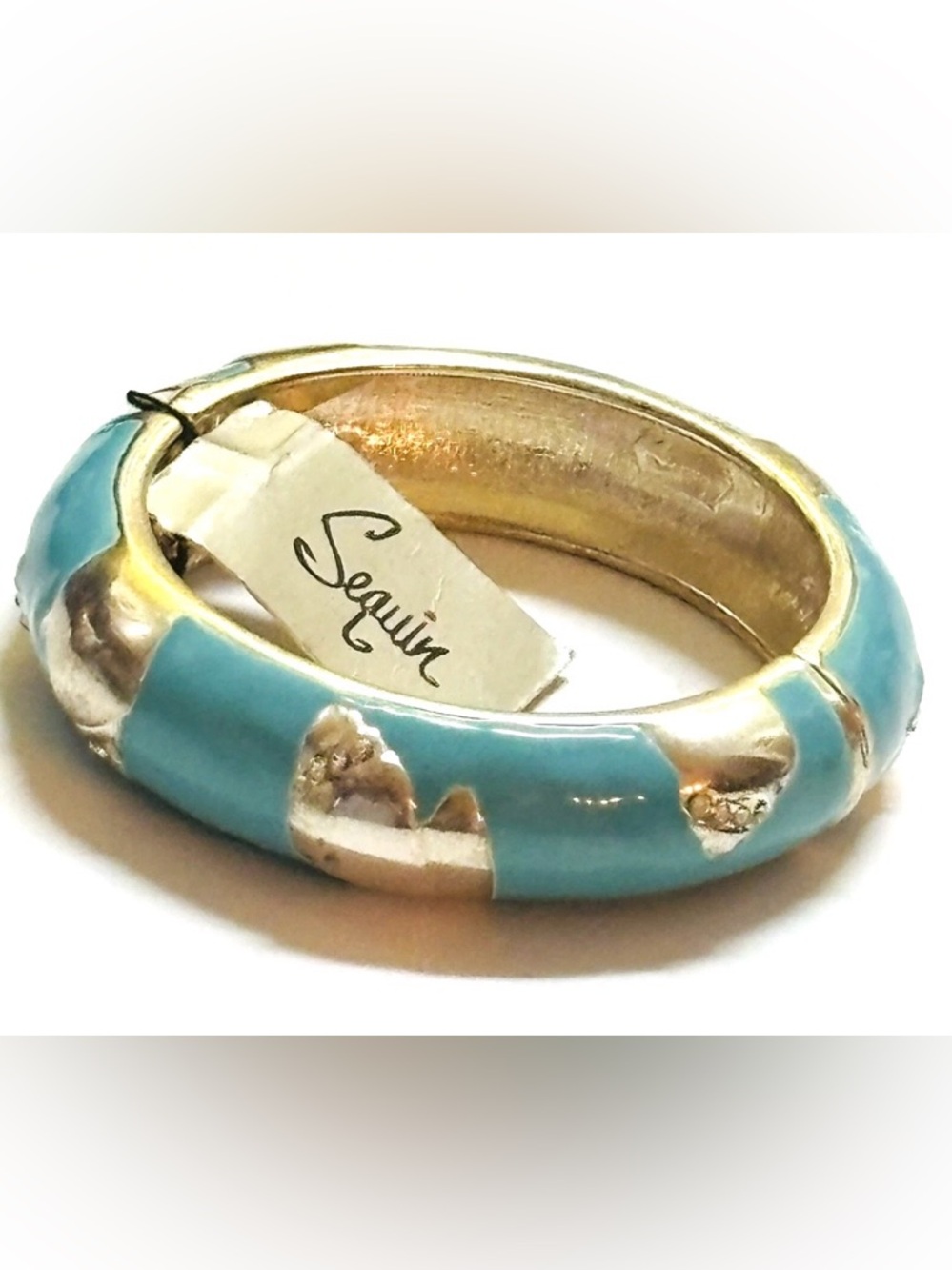 Nordstroms Turquoise Enamel Rhinestone & Silver Tone Hinged Bangle Bracelet